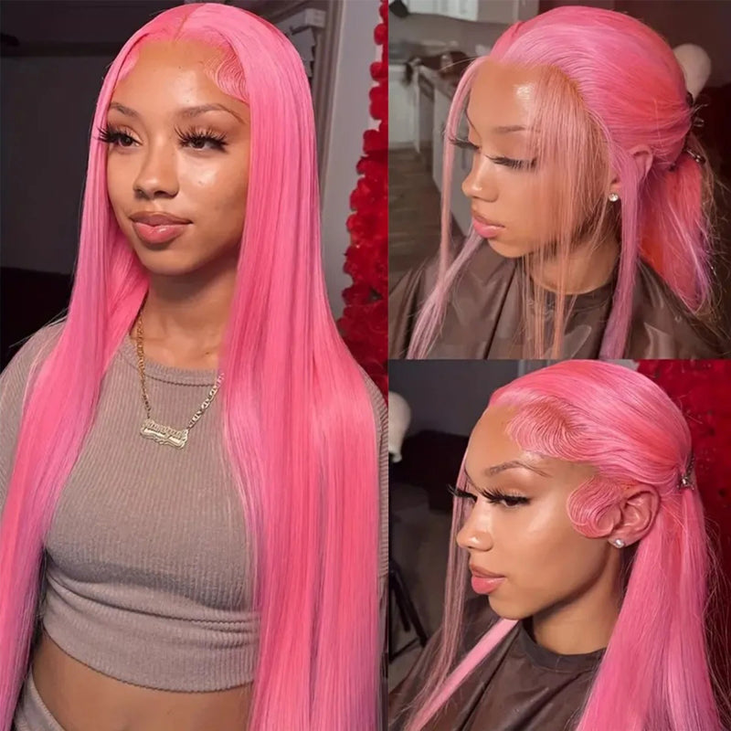 Romance Pink Straight Hair Glueless Lace Wig 13x4 Lace Frontal Human H ...