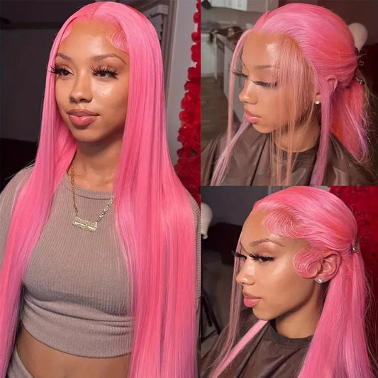 Romance Pink Straight Hair Glueless Lace Wig 13x4 Lace Frontal Human Hair Wig