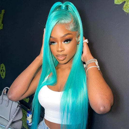 Mermaid Green Straight Hair Glueless Lace Wig 13x4 Lace Frontal Human Hair Wig