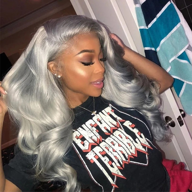 Grey Body Wave Glueless Lace Wig 13x4 Lace Frontal Human Hair Wig ...