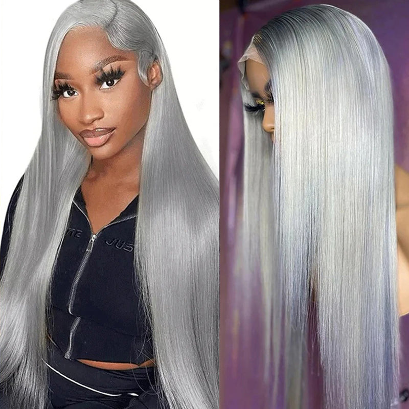 Grey Straight Hair Glueless Lace Wig 13x4 Lace Frontal Human Hair Wig ...