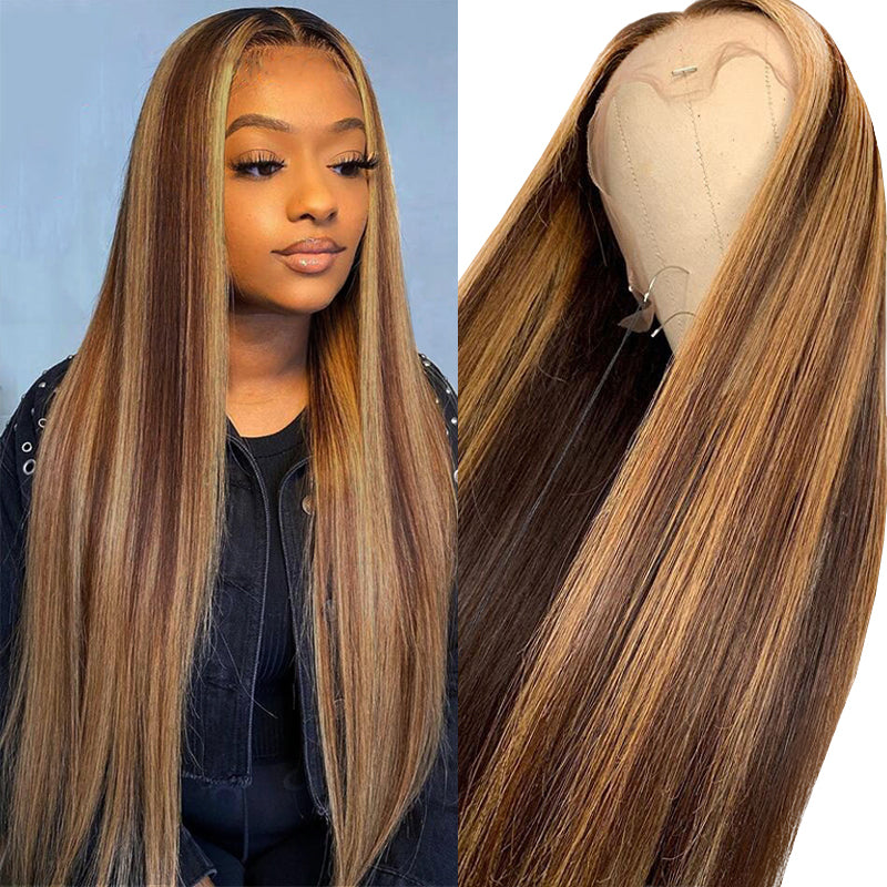 ERICA Honey Blonde Highlighted Straight Hair Human Hair Lace Wig Pre Plucked Natural Hairline