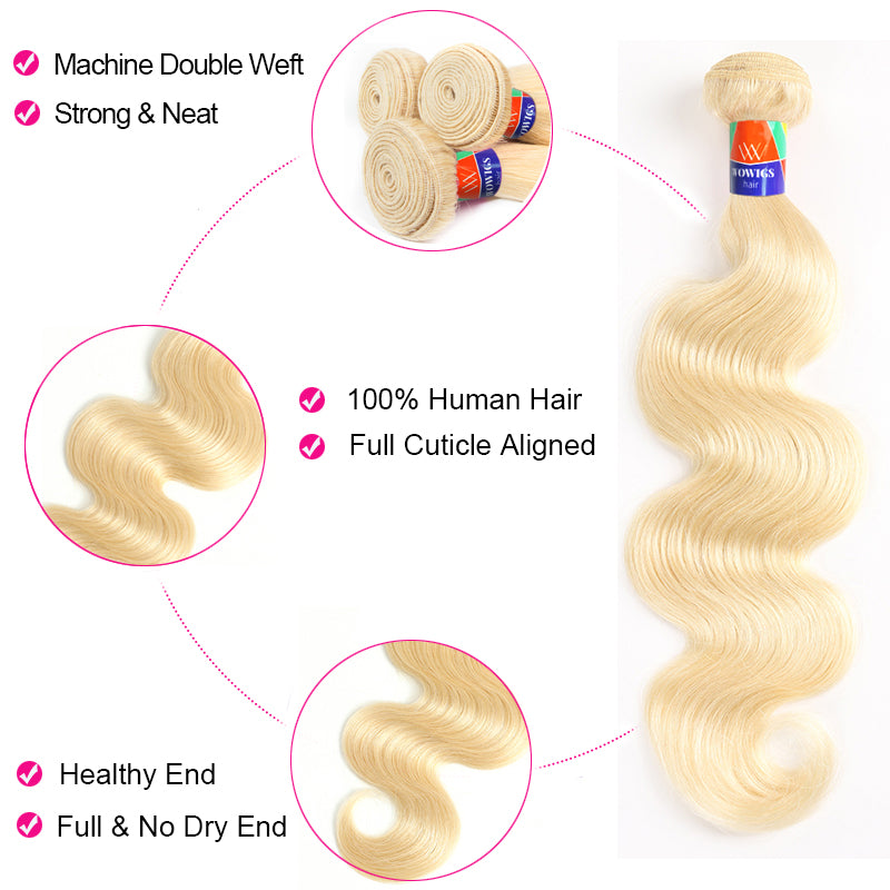 #613 Blonde 3 Bundles with a 4x4 Closure Deals Body Wave 12-38 inch Human Hair Extensions