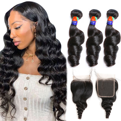 3 Bundles with a 4×4 Lace Closure Loose Wave 12-30 inch Virgin Hair Extensions