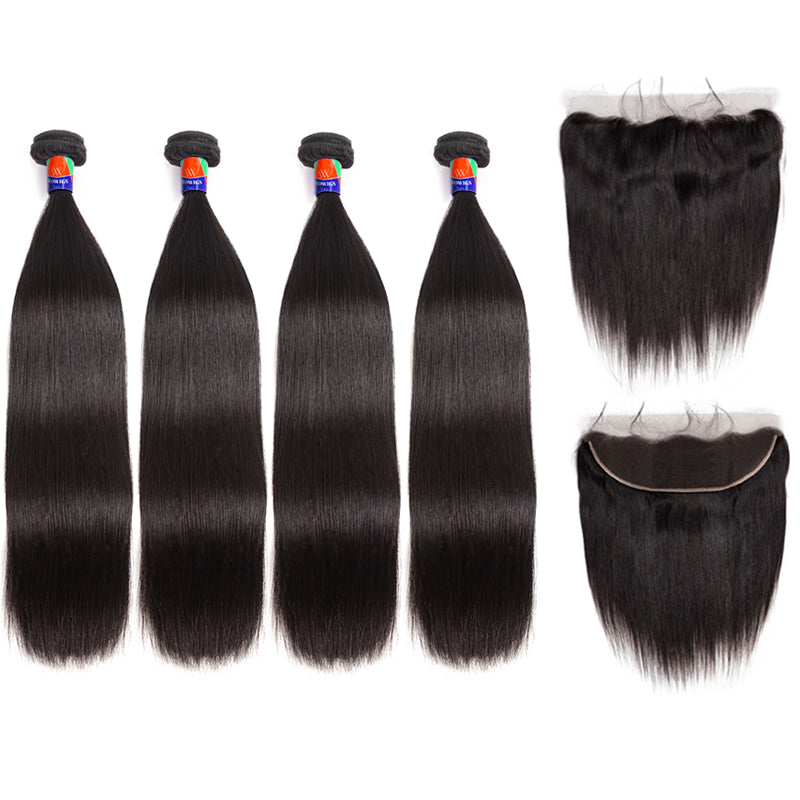 3 Bundles with a 13x4 Frontal Straight Hair 12-38 inch 100% Unprocessed Virgin Hair Extensions