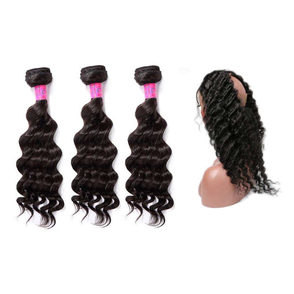 3 Bundles With 360 Frontal Deep Wave Hair 100% Unprocessed Virgin Hair Extensions