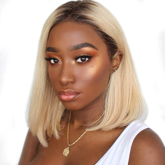 #1B Roots Blonde Bob Wigs 100% Human Hair Wigs