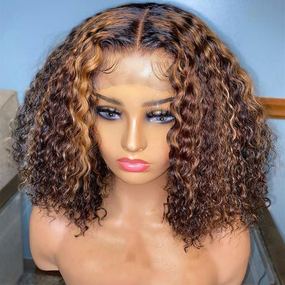 STELLA - Honey Blonde Highlighted Curly Bob Wigs 100% Human Hair Short Bob Wet Curly Lace Wig