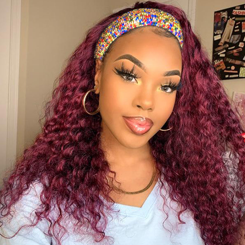 Burgundy Curly Headband Wig 100% Human Hair