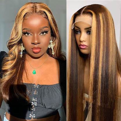 ERICA Honey Blonde Highlighted Straight Hair Human Hair Lace Wig Pre Plucked Natural Hairline